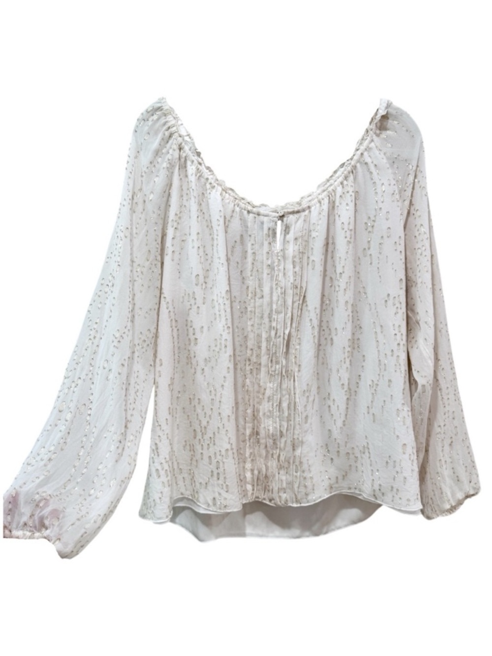 White House Black Market 100% Silk Creamy White Blouse with Gold Accents Size XL